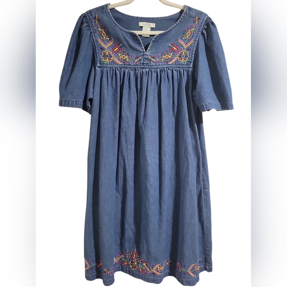 Bechamel Vintage Denim Embroidered Dress Size M Knee-length Pockets - Picture 2 of 15